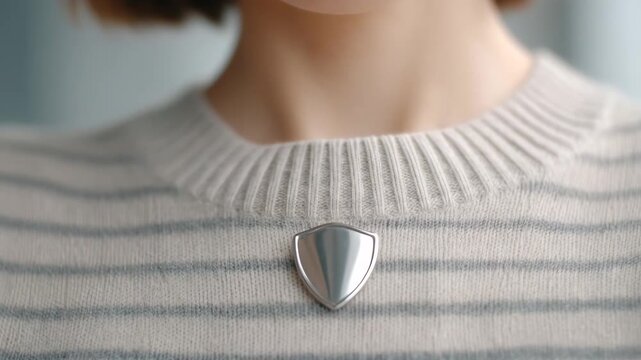 Elegant Brooch: A close-up shot of a stylish brooch on the front of a soft wool sweater against a gentle background, radiating sophistication and understated elegance.