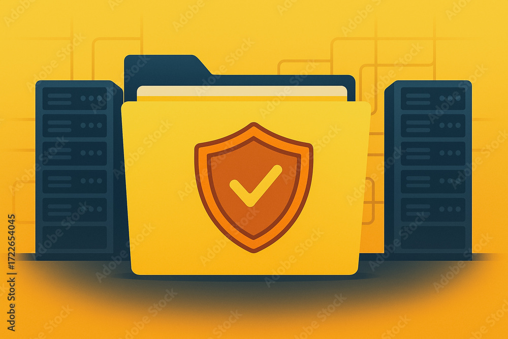 Poster illustration depicting secure digital data storage with a shield-protected folder. focus on data sec