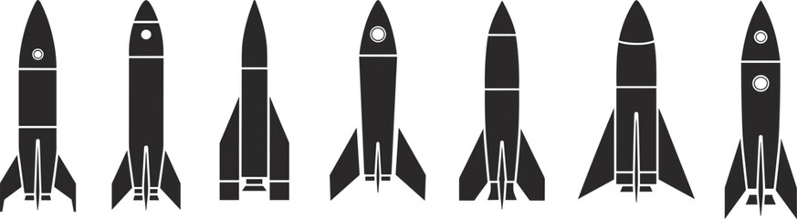 Rocket icons, space silhouettes, spacecraft designs, launch graphics, fin styles, window placements, aerospace symbols, minimal art, flight shapes, tech visuals