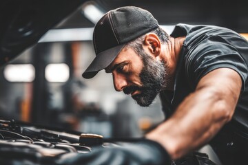A focused mechanic in a cap inspects a car engine in a workshop, highlighting concentration and hands-on automotive repair work