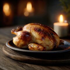 Juicy roasted whole chicken with crispy golden skin served on rustic plate in warm ambient candlelit setting for a hearty meal or dinner occasion
