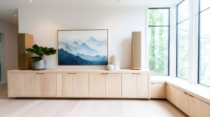 Fototapeta premium Minimalist living room with light wood cabinetry, large windows, modern decor, and a framed mountain landscape painting on the wall