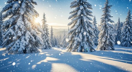Fototapeta premium Winter Snowfall Landscape Sunlit Forest Trees