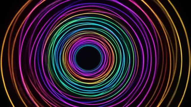 Abstract Colorful Concentric Circles Against Dark Backdrop, Vibrant Rainbow Rings Forming a Hypnotic Tunnel Illusion