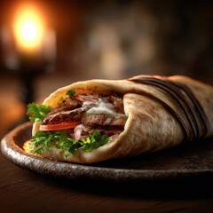 Delicious freshly made wrap filled with crispy lettuce slices tomato slices tender meat creamy sauce and melted cheese in a soft flatbread on rustic wooden plate warm ambient lighting