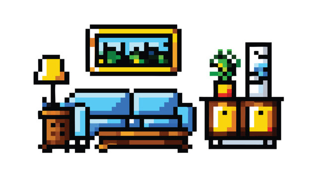 iving Room 8-Bit Pixel Art Background. Warm Cozy Retro Home Interior