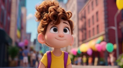 A cheerful animated girl with curly hair and a backpack smiles in a colorful city street, surrounded by balloons and lively buildings