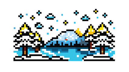 Winter Background 8-Bit Pixel Art. Cozy Retro Holiday Game Scene