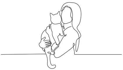 Woman with Cat Continuous One Line Drawing. Minimalistic Simple Linear Illustration of Cute Cat on Hands of Woman. Adorable Domestic Pet Simple One Line Hand Drawn Art for Minimalist Design.