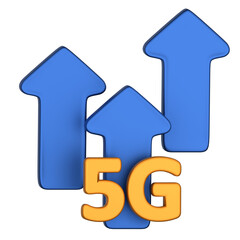 Three dimensional stylized blue up arrows and an orange 5G symbol, against a black backdrop.