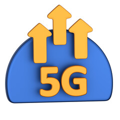 A vibrant 3D graphic displays the futuristic 5G network technology, with upward-pointing arrows symbolizing growth and progress against a striking blue backdrop.