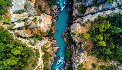 Obraz premium Aerial view of a turquoise river gorge surrounded by rocky cliffs and lush green trees, creating a natural and vibrant landscape scenery