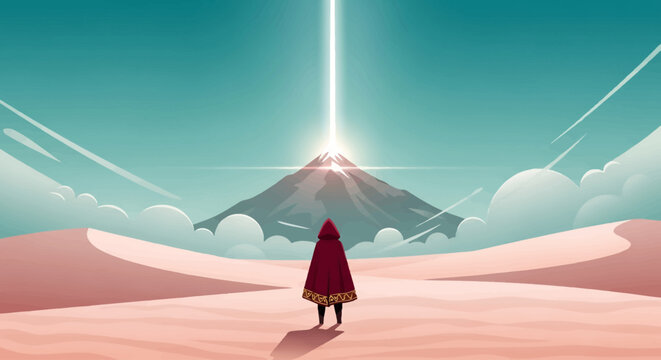 Red cloaked figure journeys through minimalist desert towards light-emitting mountain, symbolizing a profound quest for purpose and discovery