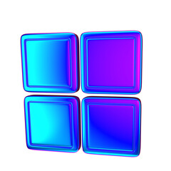 Four vibrant, glossy squares arranged in a grid pattern, showcasing a gradient of electric blue and purple hues against a stark black backdrop.