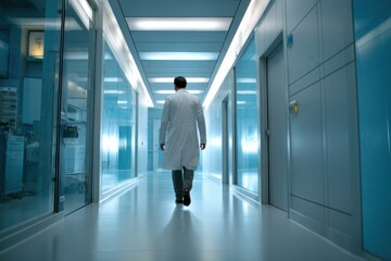Fototapeta premium A scientist in a lab coat walks down a bright, modern corridor in a high-tech research facility