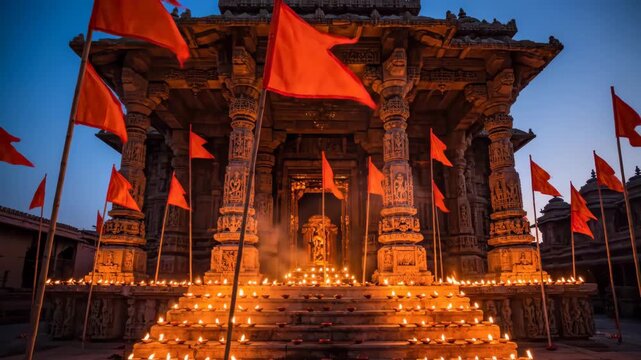 Auspicious hanuman jayanti festivities at an ancient stone temple glowing with countless oil lamps and adorned with sacred saffron flags