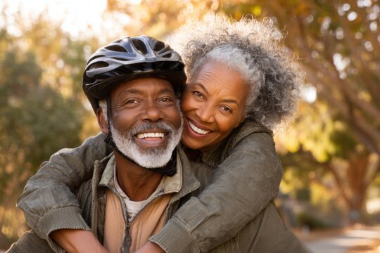 Happy senior couple outdoors, embracing and smiling, with one wearing a bicycle helmet, enjoying a sunny day in a park