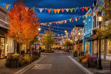 Fototapeta premium A festive, decorated street at night with colorful flags, autumn trees, glowing shop windows, and bright street lamps under a dramatic evening sky