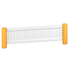 A simple, white table tennis net barrier with bright orange supports is shown against a black background.