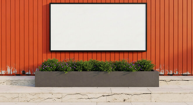 Blank White Billboard Above Green Bushes On Textured Orange Wall Advertising Space Mockup