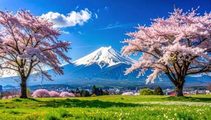Stunning view of Mount Fuji framed by blooming cherry blossom trees under a clear blue sky, capturing the serene beauty of spring in Japan.