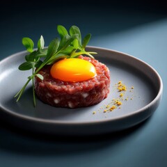 Fresh raw beef tartare served with a raw egg yolk on top, garnished with green herbs and spices, presented on a modern black plate with minimalistic style