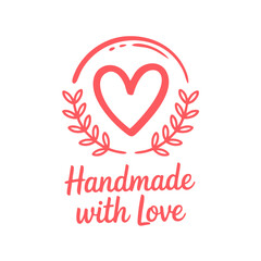Handmade with love logo design heart and leaves vector illustration for craft business and product label