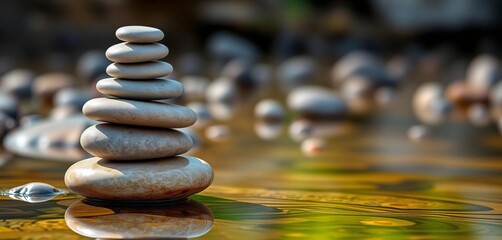 Obraz premium A carefully balanced stack of smooth grey river stones, stability, strength