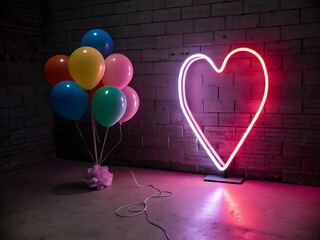 Colorful balloons and a neon heart shape against a brick wall creating a festive atmosphere indoors
