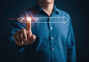 Fototapeta premium Businessman touching a digital checklist with three completed tasks and an arrow completion