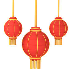 Three festive lanterns, vibrant red and gold, hang against a striking black background.