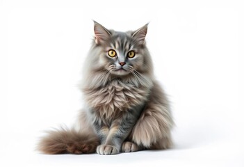 Obraz premium A fluffy gray cat sits alone against a white background, domestic cat, calm
