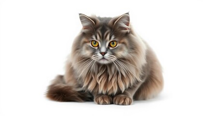 A fluffy gray cat sits alone against a white background,  animal photography,  eyes