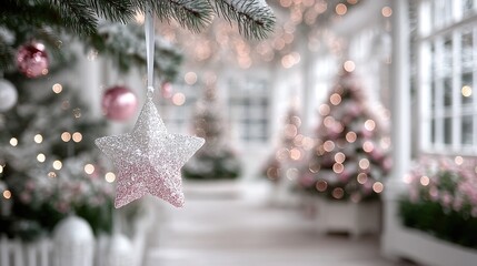 Sparkling Silver Star Ornament Hanging on Snowy Christmas Tree Branch with Soft Bokeh Lights in Elegant White Room