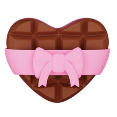 A heart-shaped chocolate bar, elegantly wrapped with a pink ribbon and bow, sits against a black background.