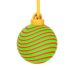 A vibrant, stylized christmas ornament sphere, showcasing a captivating design of swirling red and lime green stripes, hangs suspended against a stark black backdrop.