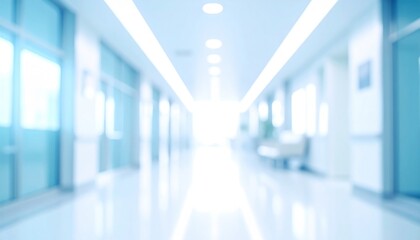 Soft, blurred image of a long corridor lined with light blue-tinted doorways, bathed in bright, diffused light streaming through end windows