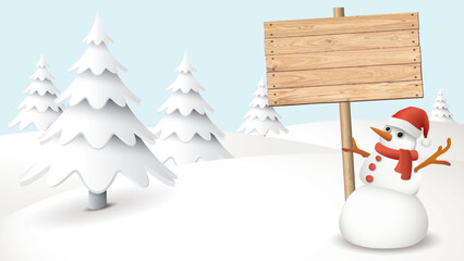 3D cute snowman holding blank whitewashed wooden signboard post at snowland there are pine forest all around graphic illustration.