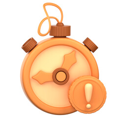 A stylized stopwatch design with a warm orange hue and a brown accent, featuring an exclamation mark, illustrates a sense of urgency and timing.