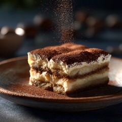 Delicious layered tiramisu dessert with cocoa powder on top served in a rustic bowl in warm lighting with a dark background