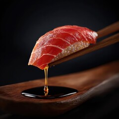 Close-up of fresh tuna sushi with wasabi and soy sauce in a dark setting, highlighting the glossy fish, rice grains, and dipping sauce for Japanese cuisine