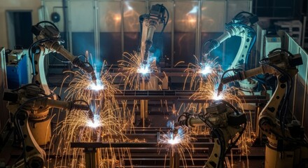 Robotic arms welding with bright sparks in industrial setting