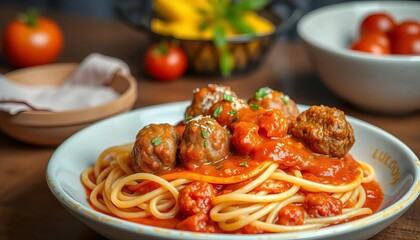 Delicious spaghetti with juicy meatballs in vibrant fresh tomato sauce,   family meal,   basil