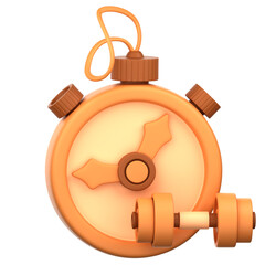 A stylized stopwatch and dumbbells, rendered in a warm, peachy orange hue, present a concept of fitness and time management.