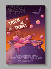Vector Halloween poster template with a witch cauldron, bubbling pink potion, bats, spider web. Bright holiday design, for party decoration and advertising. Trick or treat, halloween party concept.
