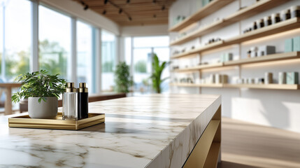 A sleek marble countertop setup in a modern shop features a small plant and glass bottles on a gold tray, with sunlit shelves and warm ambience for luxury retail appeal. product display