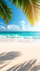 Obraz premium Tropical beach scene Turquoise water, white sand, and palm fronds framing sunny skies, creating a serene coastal paradise