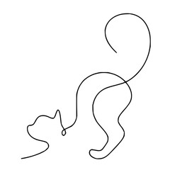 Elegant minimalist single line drawing of a playful cat stretching its body with a curved tail, exuding grace and charm.