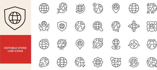 Collection of Earth and Globe Line Icons Representing Global Concepts and Sustainability