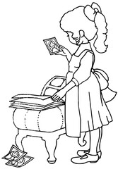 Nostalgic girl cherishes old photographs and memories, looking through treasured family album with joy and wistful reflection